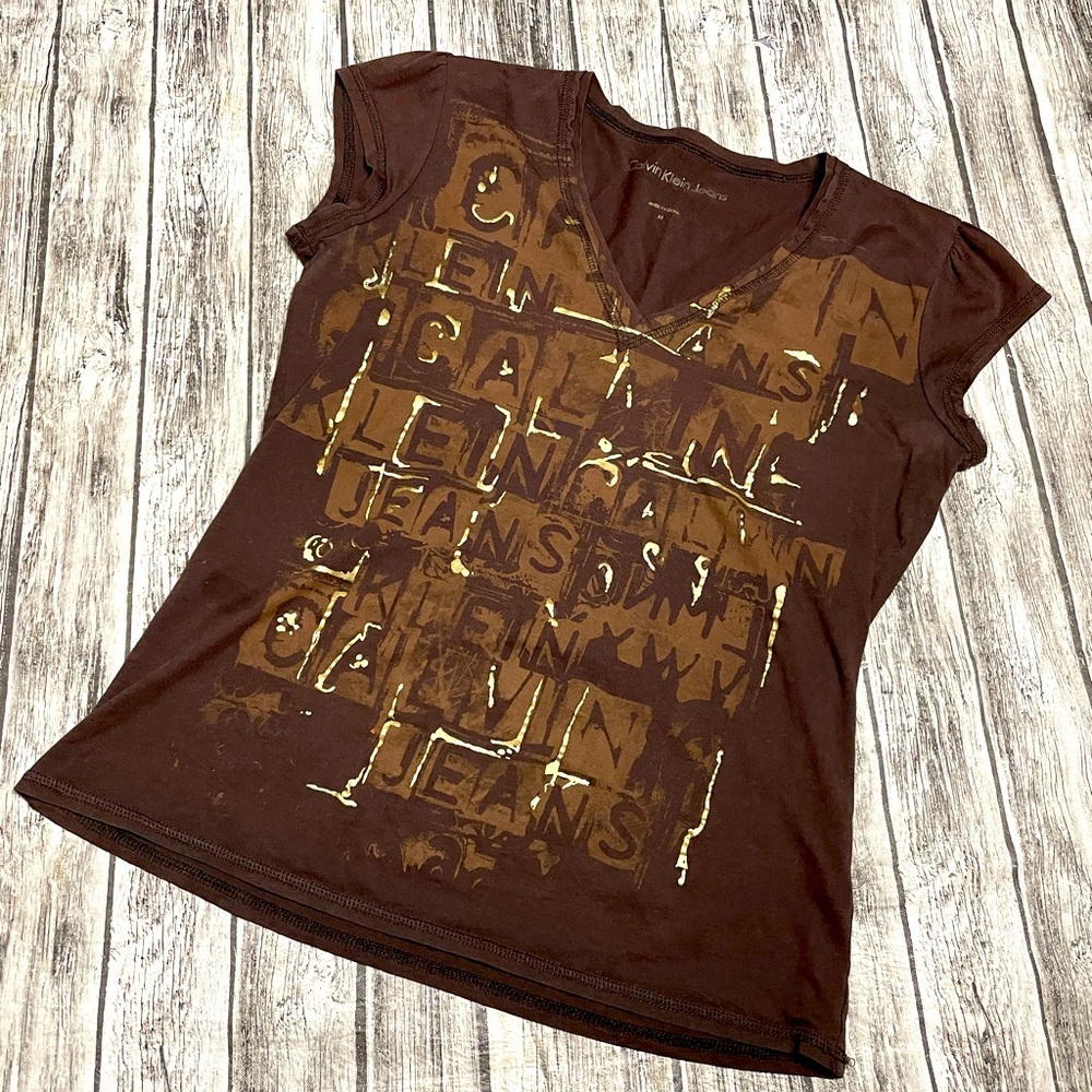 Ladies Medium Calvin Klein graphic tee shirt top great condition brown & gold